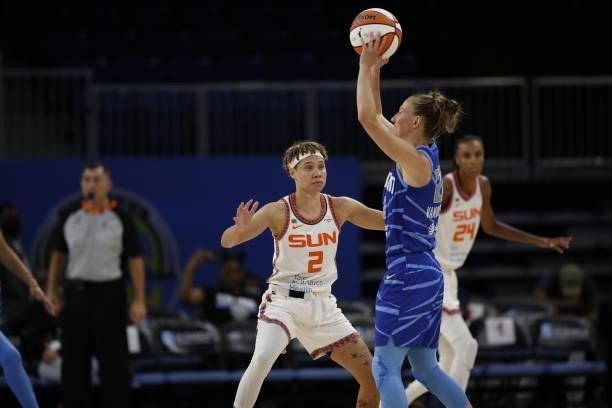 Natisha Hiedeman of the Connecticut Sun plays defense during the game against the Chicago Sky on June 17, 2021 at the Wintrust Arena in Chicago,...