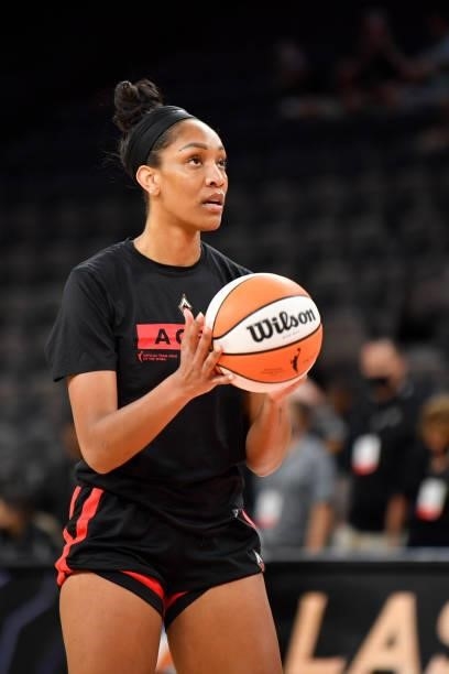 Ja Wilson of the Las Vegas Aces warms up prior to the game against the New York Liberty on June 17, 2021 at Michelob ULTRA Arena in Las Vegas,...