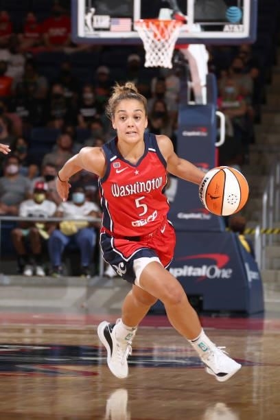 Leilani Mitchell of the Washington Mystics dribbles the ball against the Atlanta Dream on June 17, 2021 at Entertainment & Sports Arena in...