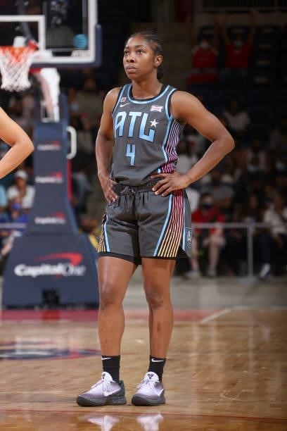 Aari McDonald of the Atlanta Dream looks up during the game against the Washington Mystics on June 17, 2021 at Entertainment & Sports Arena in...