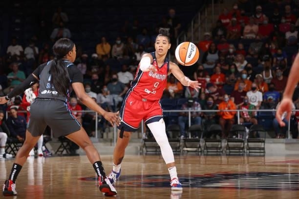 Natasha Cloud of the Washington Mystics passes the ball during the game against the Atlanta Dream on June 17, 2021 at Entertainment & Sports Arena in...