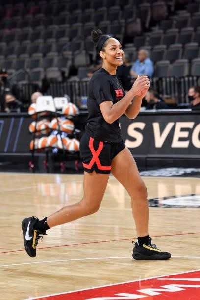 Ja Wilson of the Las Vegas Aces smiles before the game against the New York Liberty on June 17, 2021 at Michelob ULTRA Arena in Las Vegas, Nevada....