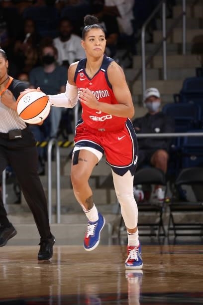 Natasha Cloud of the Washington Mystics handles the ball against the Atlanta Dream on June 17, 2021 at Entertainment & Sports Arena in Washington,...