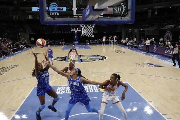 Ruthy Hebard and Candace Parker of the Chicago Sky grabs the rebound during the game against the Connecticut Sun on June 17, 2021 at the Wintrust...