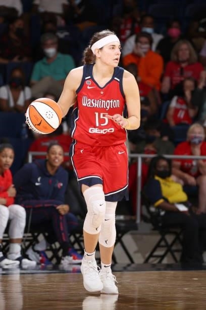 Sydney Wiese of the Washington Mystics handles the ball against the Atlanta Dream on June 17, 2021 at Entertainment & Sports Arena in Washington, DC....