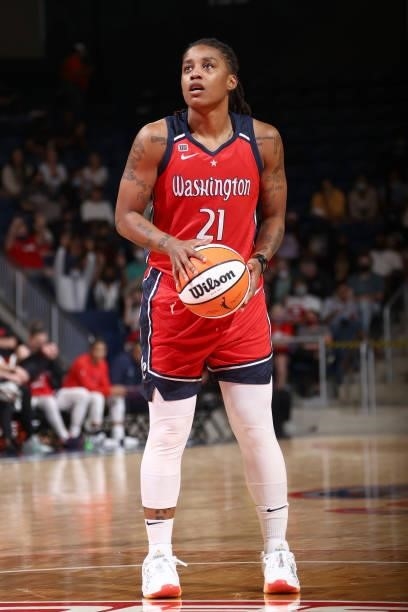 Shavonte Zellous of the Washington Mystics looks to shoot a free throw against the Atlanta Dream on June 17, 2021 at Entertainment & Sports Arena in...
