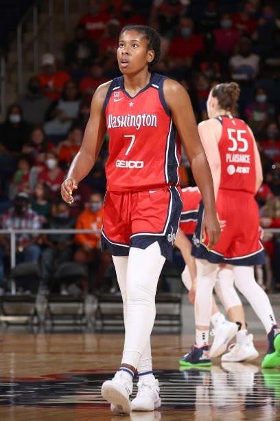 Ariel Atkins of the Washington Mystics looks up during the game against the Atlanta Dream on June 17, 2021 at Entertainment & Sports Arena in...