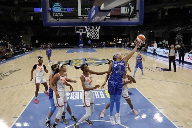 Candace Parker of the Chicago Sky grabs the rebound during the game against the Connecticut Sun on June 17, 2021 at the Wintrust Arena in Chicago,...