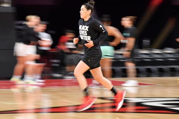 Kelsey Plum of the Las Vegas Aces warms up prior to the game against the New York Liberty on June 17, 2021 at Michelob ULTRA Arena in Las Vegas,...