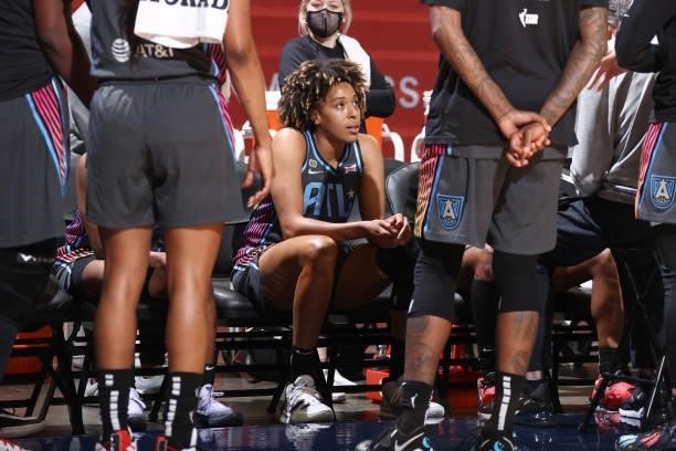 Tianna Hawkins of the Atlanta Dream looks on during the game against the Washington Mystics on June 17, 2021 at Entertainment & Sports Arena in...