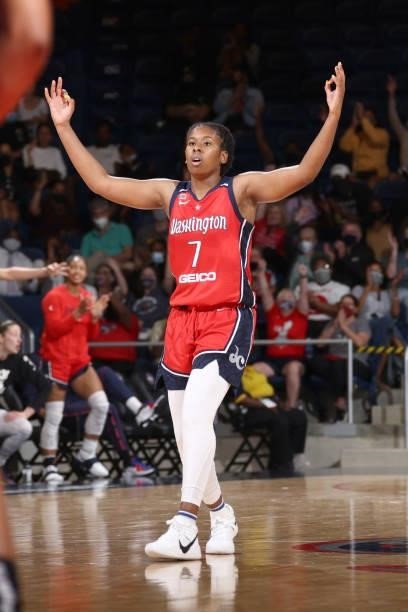 Ariel Atkins of the Washington Mystics celebrates during the game against the Atlanta Dream on June 17, 2021 at Entertainment & Sports Arena in...