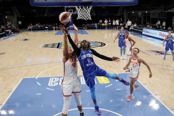 Kahleah Copper of the Chicago Sky shoots the ball during the game against the Connecticut Sun on June 17, 2021 at the Wintrust Arena in Chicago,...