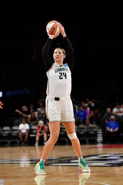 Kylee Shook of the New York Liberty shoots a three point basket during the game against the Las Vegas Aces on June 17, 2021 at Michelob ULTRA Arena...