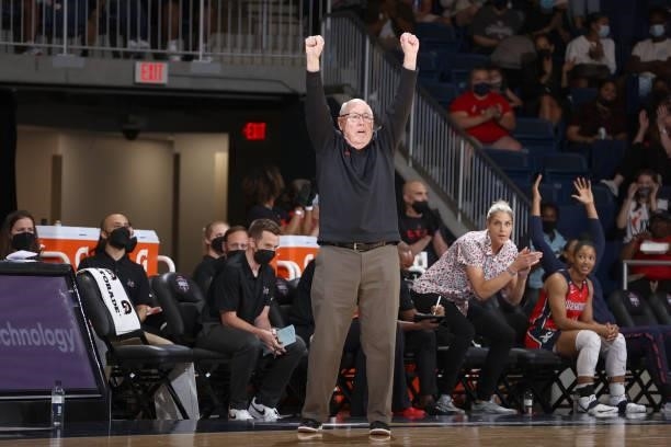 Head Coach Mike Thibault of the Washington Mystics celebrates during the game against the Atlanta Dream on June 17, 2021 at Entertainment & Sports...
