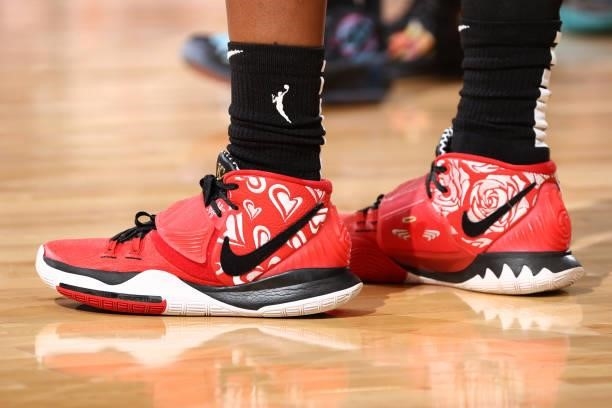 The sneaker on Tiffany Hayes of the Atlanta Dream before the game against the Washington Mystics on June 17, 2021 at Entertainment & Sports Arena in...