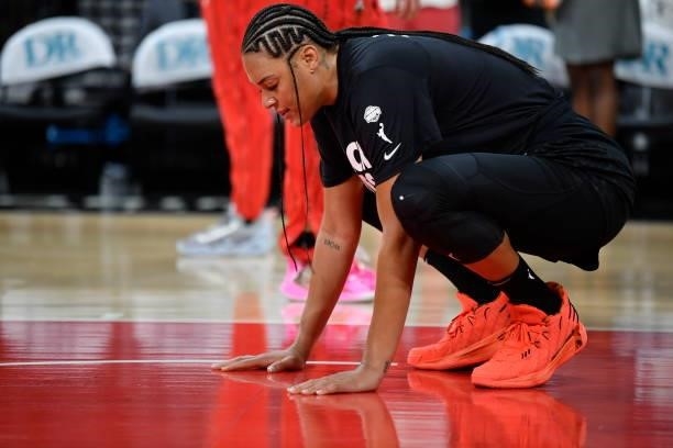 Liz Cambage of the Las Vegas Aces warms up prior to the game against the New York Liberty on June 17, 2021 at Michelob ULTRA Arena in Las Vegas,...