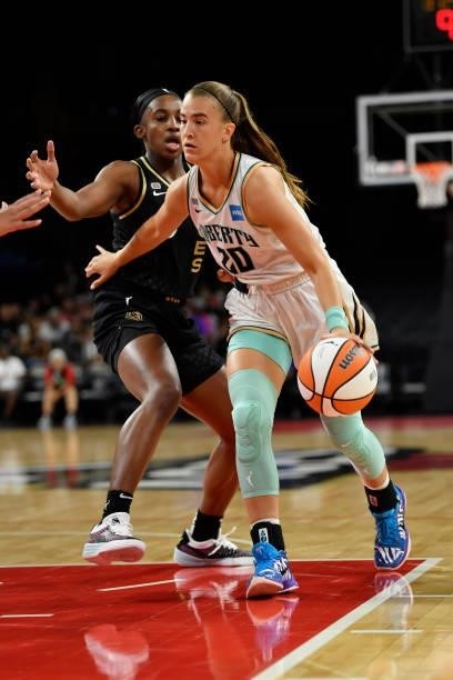 Sabrina Ionescu of the New York Liberty drives to the basket during the game against the Las Vegas Aces on June 17, 2021 at Michelob ULTRA Arena in...