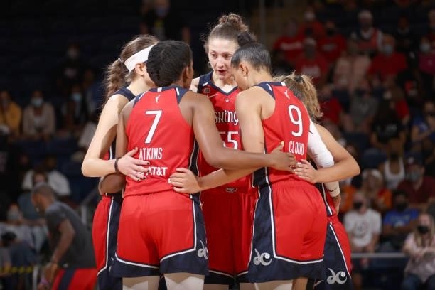 The Washington Mystics huddle up during the game against the Atlanta Dream on June 17, 2021 at Entertainment & Sports Arena in Washington, DC. NOTE...