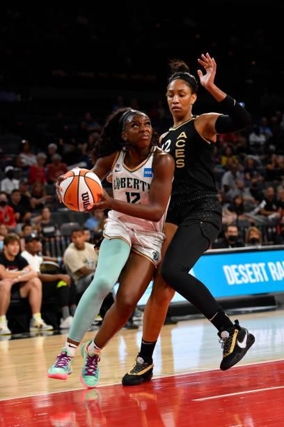 Michaela Onyenwere of the New York Liberty drives to the basket during the game against the Las Vegas Aces on June 17, 2021 at Michelob ULTRA Arena...
