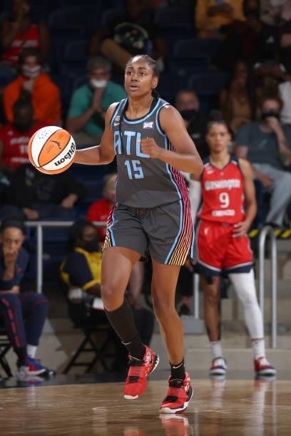 Tiffany Hayes of the Atlanta Dream handles the ball against the Washington Mystics on June 17, 2021 at Entertainment & Sports Arena in Washington,...