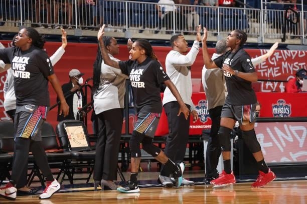 The Atlanta Dream high five before the game against the Washington Mystics on June 17, 2021 at Entertainment & Sports Arena in Washington, DC. NOTE...