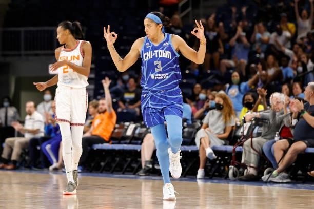 Candace Parker of the Chicago Sky celebrates during the game against the Connecticut Sun on June 17, 2021 at the Wintrust Arena in Chicago, Illinois....