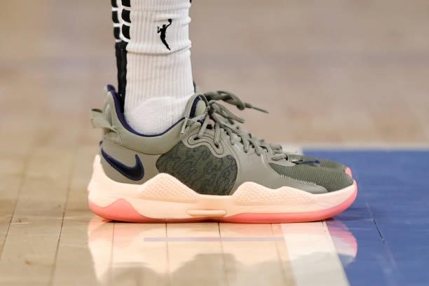 The sneakers worn by DeWanna Bonner of the Connecticut Sun during the game against the Chicago Sky on June 17, 2021 at the Wintrust Arena in Chicago,...