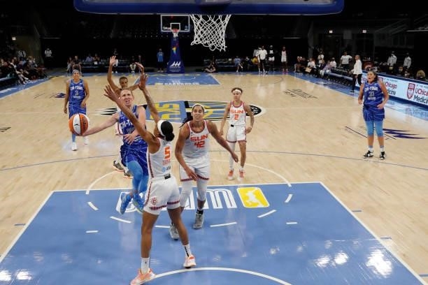 Courtney Vandersloot of the Chicago Sky shoots the ball during the game against the Connecticut Sun on June 17, 2021 at the Wintrust Arena in...
