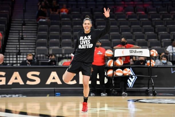 Kelsey Plum of the Las Vegas Aces warms up prior to the game against the New York Liberty on June 17, 2021 at Michelob ULTRA Arena in Las Vegas,...