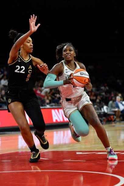 Michaela Onyenwere of the New York Liberty drives to the basket during the game against the Las Vegas Aces on June 17, 2021 at Michelob ULTRA Arena...