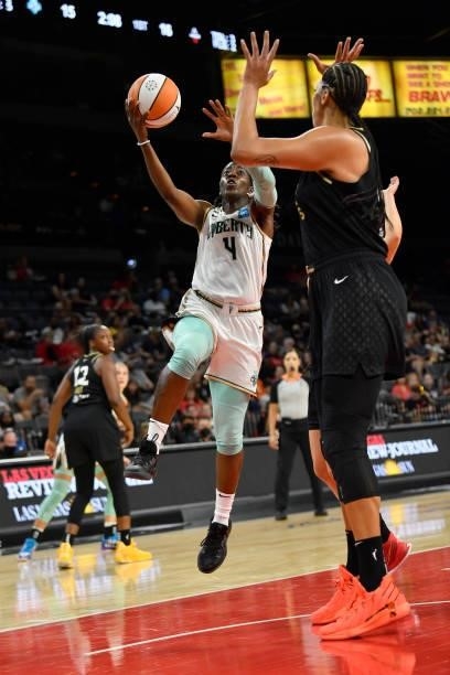Jazmine Jones of the New York Liberty shoots the ball during the game against the Las Vegas Aces on June 17, 2021 at Michelob ULTRA Arena in Las...
