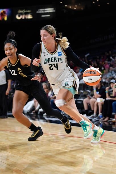 Kylee Shook of the New York Liberty drives to the basket during the game against the Las Vegas Aces on June 17, 2021 at Michelob ULTRA Arena in Las...