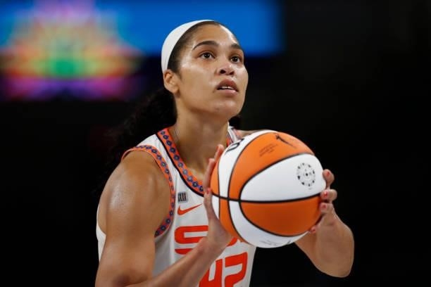 Brionna Jones of the Connecticut Sun shoots a free throw during the game against the Chicago Sky on June 17, 2021 at the Wintrust Arena in Chicago,...