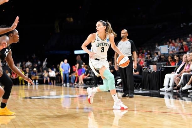 Rebecca Allen of the New York Liberty handles the ball during the game against the Las Vegas Aces on June 17, 2021 at Michelob ULTRA Arena in Las...