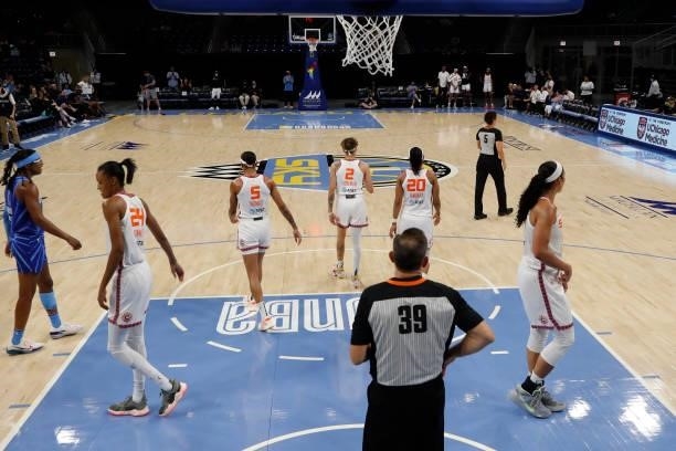 The Connecticut Sun take the court during the game against the Chicago Sky on June 17, 2021 at the Wintrust Arena in Chicago, Illinois. NOTE TO USER:...