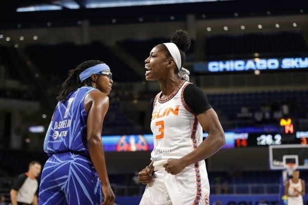 Kaila Charles of the Connecticut Sun celebrates during the game against the Chicago Sky on June 17, 2021 at the Wintrust Arena in Chicago, Illinois....