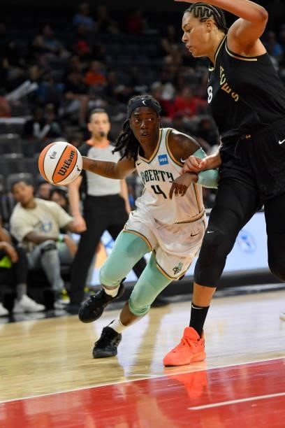 Jazmine Jones of the New York Liberty drives to the basket during the game against the Las Vegas Aces on June 17, 2021 at Michelob ULTRA Arena in Las...