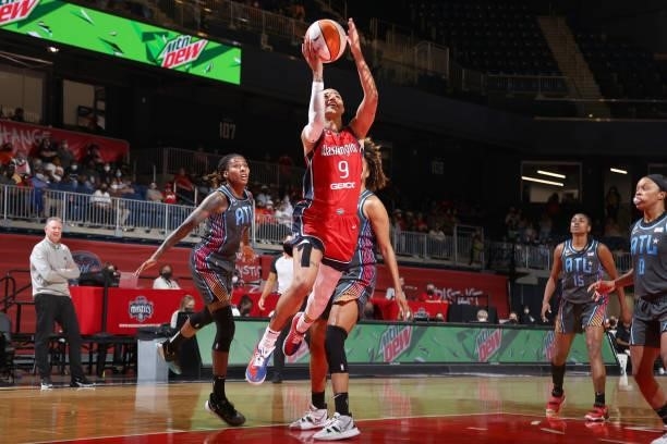 Natasha Cloud of the Washington Mystics drives to the basket against the Atlanta Dream on June 17, 2021 at Entertainment & Sports Arena in...