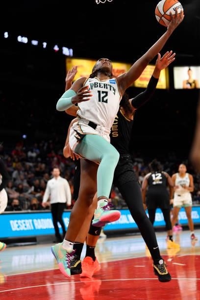 Michaela Onyenwere of the New York Liberty shoots the ball during the game against the Las Vegas Aces on June 17, 2021 at Michelob ULTRA Arena in Las...