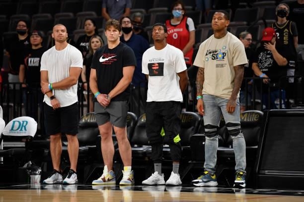 The Las Vegas Raiders attend the game between the New York Liberty and the Las Vegas Aces on June 17, 2021 at Michelob ULTRA Arena in Las Vegas,...