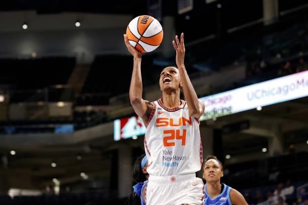 DeWanna Bonner of the Connecticut Sun shoots the ball during the game against the Chicago Sky on June 17, 2021 at the Wintrust Arena in Chicago,...