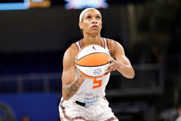 Jasmine Thomas of the Connecticut Sun shoots a free throw during the game against the Chicago Sky on June 17, 2021 at the Wintrust Arena in Chicago,...