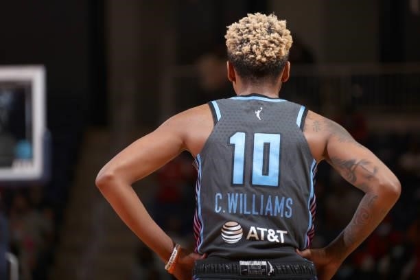 Courtney Williams of the Atlanta Dream looks on during the game against the Washington Mystics on June 17, 2021 at Entertainment & Sports Arena in...