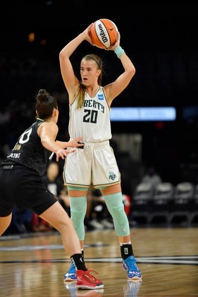 Sabrina Ionescu of the New York Liberty handles the ball during the game against the Las Vegas Aces on June 17, 2021 at Michelob ULTRA Arena in Las...