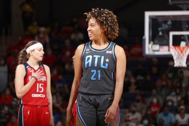Tianna Hawkins of the Atlanta Dream smiles during the game against the Washington Mystics on June 17, 2021 at Entertainment & Sports Arena in...