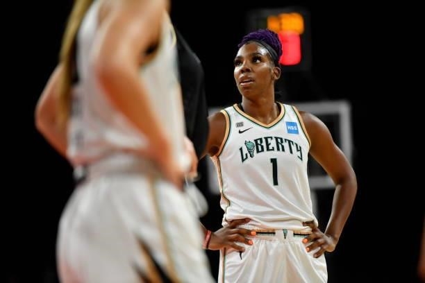 Reshanda Gray of the New York Liberty looks on during the game against the Las Vegas Aces on June 17, 2021 at Michelob ULTRA Arena in Las Vegas,...