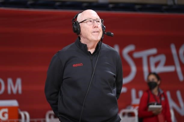 Head Coach Mike Thibault of the Washington Mystics talks with the media after the game against the Atlanta Dream on June 17, 2021 at Entertainment &...