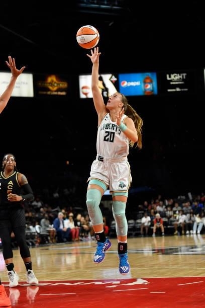 Sabrina Ionescu of the New York Liberty shoots the ball during the game against the Las Vegas Aces on June 17, 2021 at Michelob ULTRA Arena in Las...