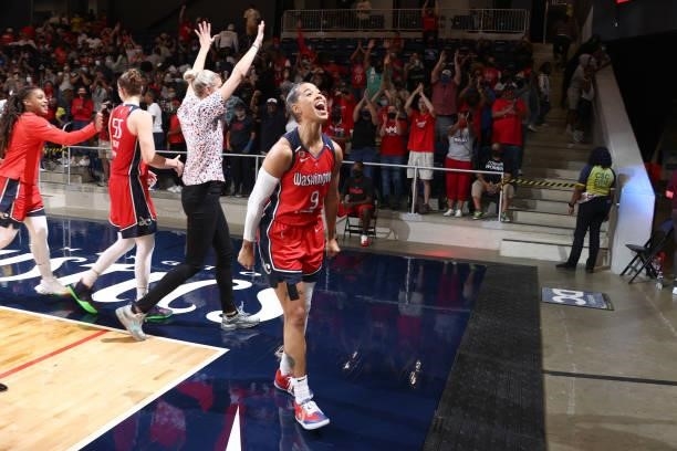 Natasha Cloud of the Washington Mystics celebrates after the game against the Atlanta Dream on June 17, 2021 at Entertainment & Sports Arena in...
