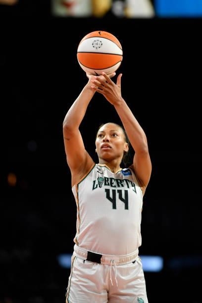 Betnijah Laney of the New York Liberty shoots a free throw during the game against the Las Vegas Aces on June 17, 2021 at Michelob ULTRA Arena in Las...